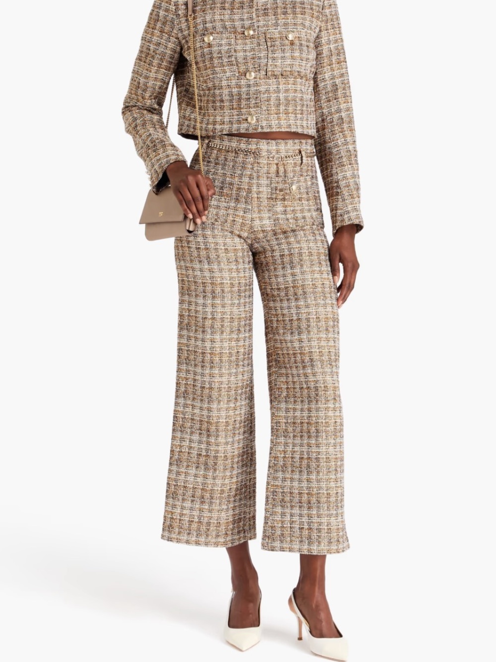 Maje Brown Belted Metallic Tweed Wide-Leg Pants